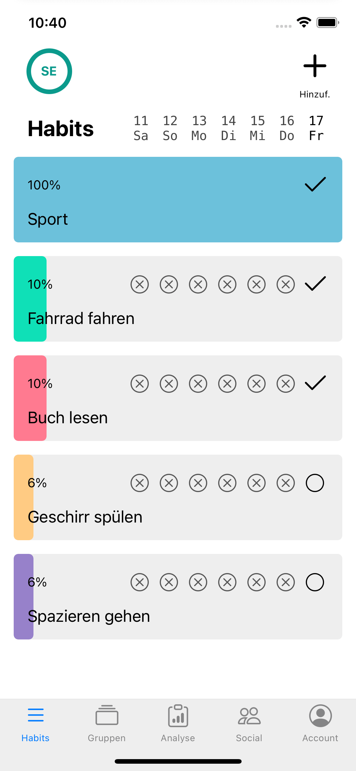 Screenshot von der Aufgabenübersicht